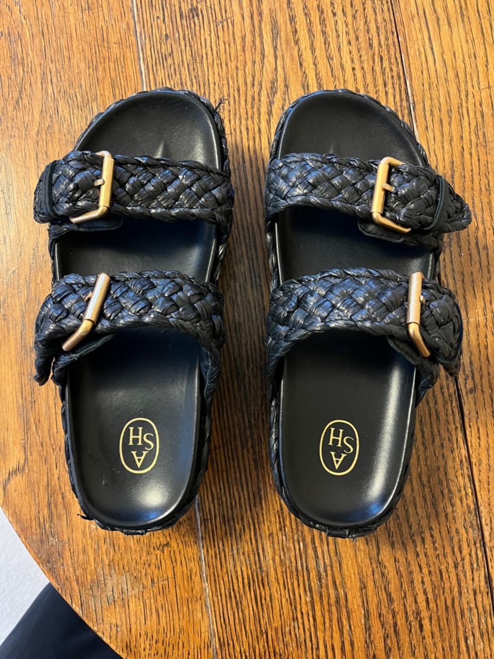 Ash Black Braided Double-Strap Slide Sandals with Gold Buckles